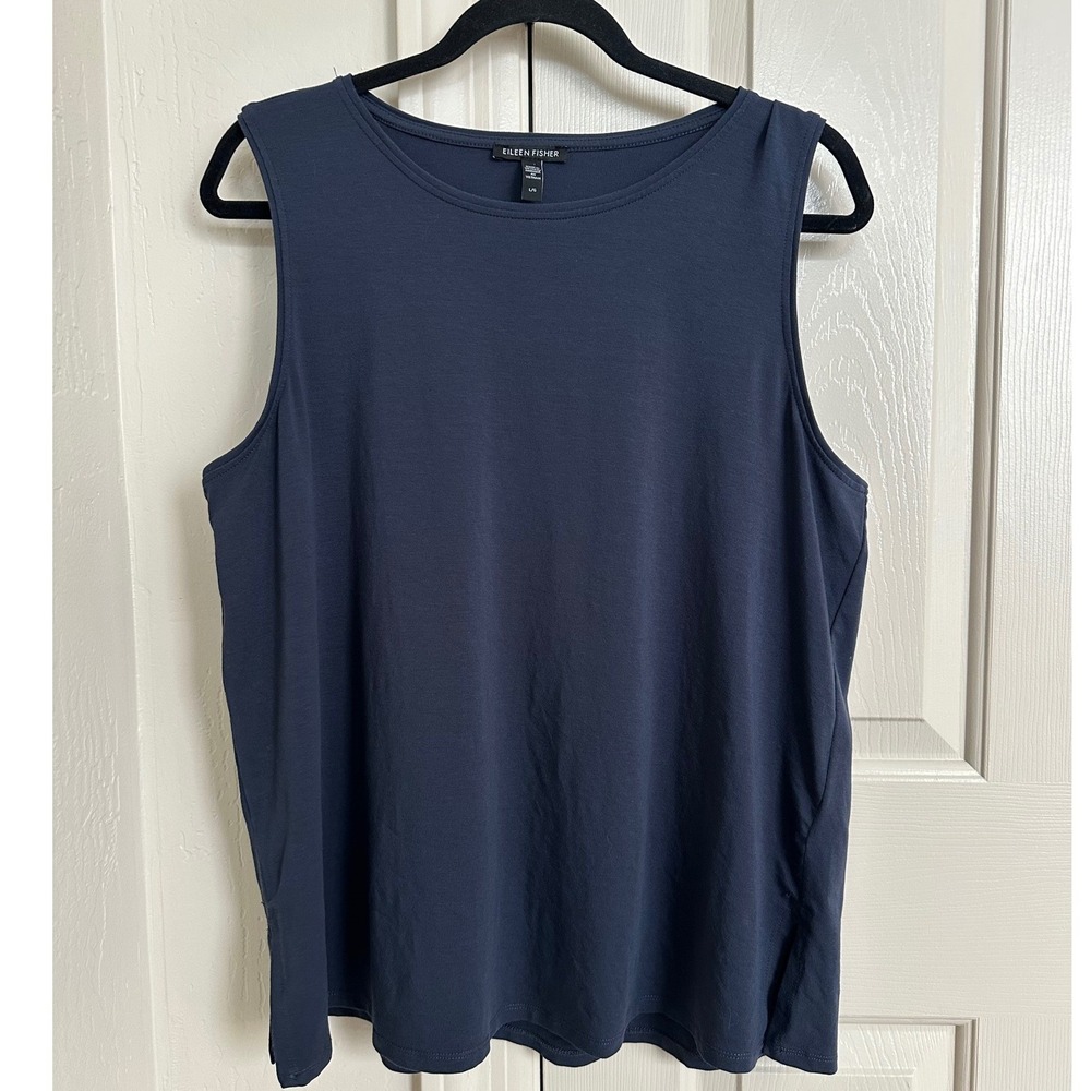Eileen Fisher Stretch Jersey Jewel Neck Tank Top Navy Blue Large